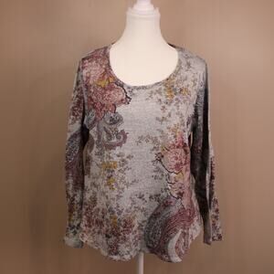 Women's Style & Co Gray & Pink Floral Scoop Neck Lightweight Sweater sz L